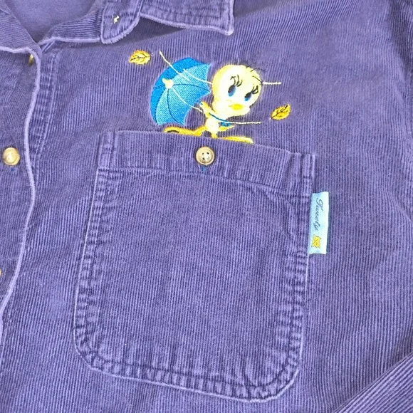 Vintage Style Tweety Bird Corduroy Shirt XL Purple Looney Tunes Button Up - Picture 3 of 11